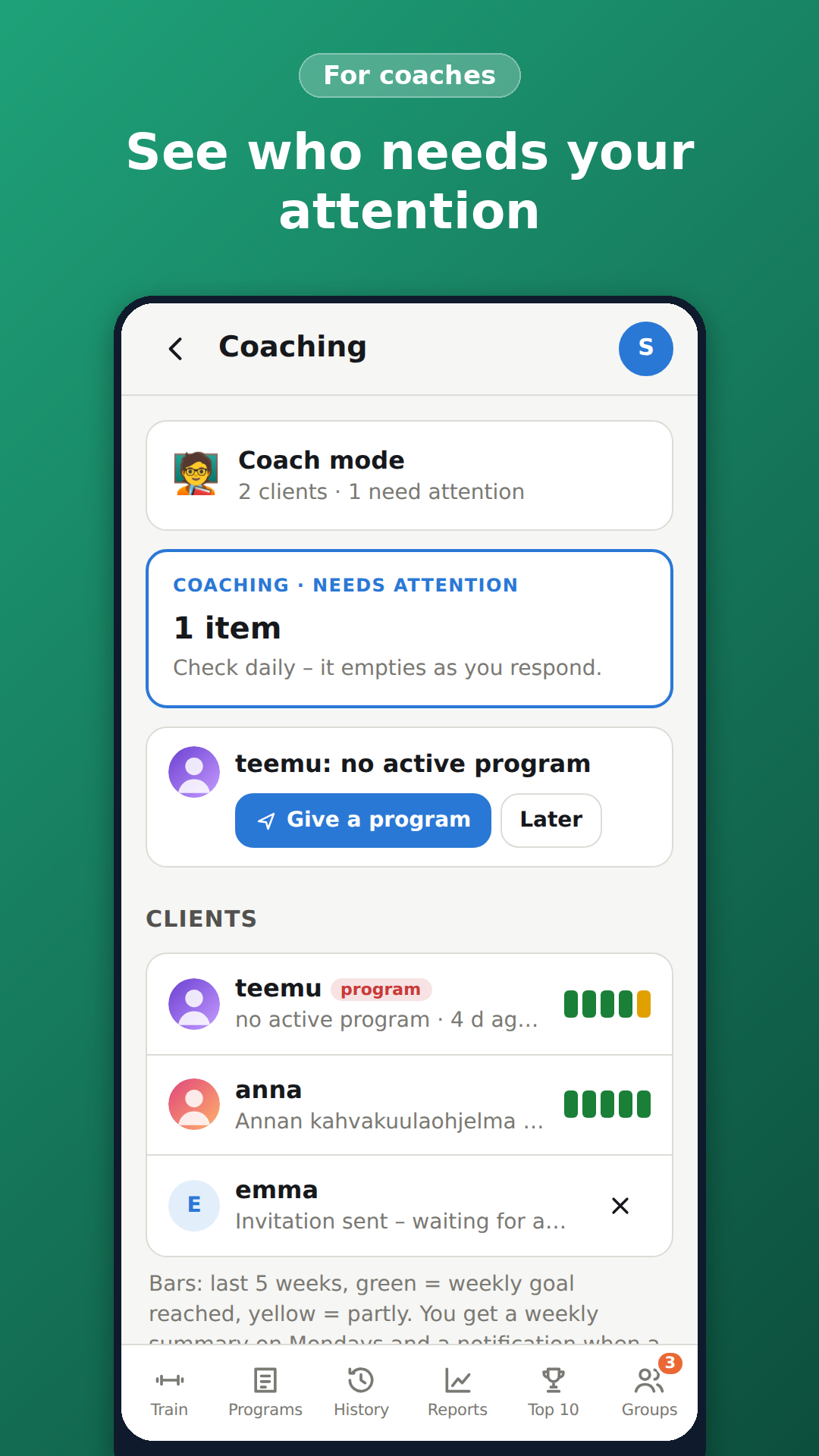Coach attention queue and client activity