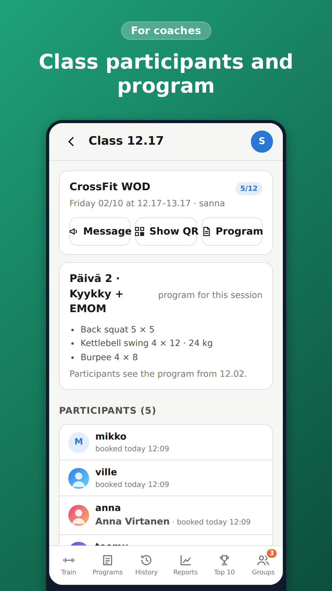 Class participants and program for a gym class